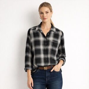 Ralph Lauren Women’s Black Gray Plaid Soft Long Sleeve Blouse Top Size 2X Fall